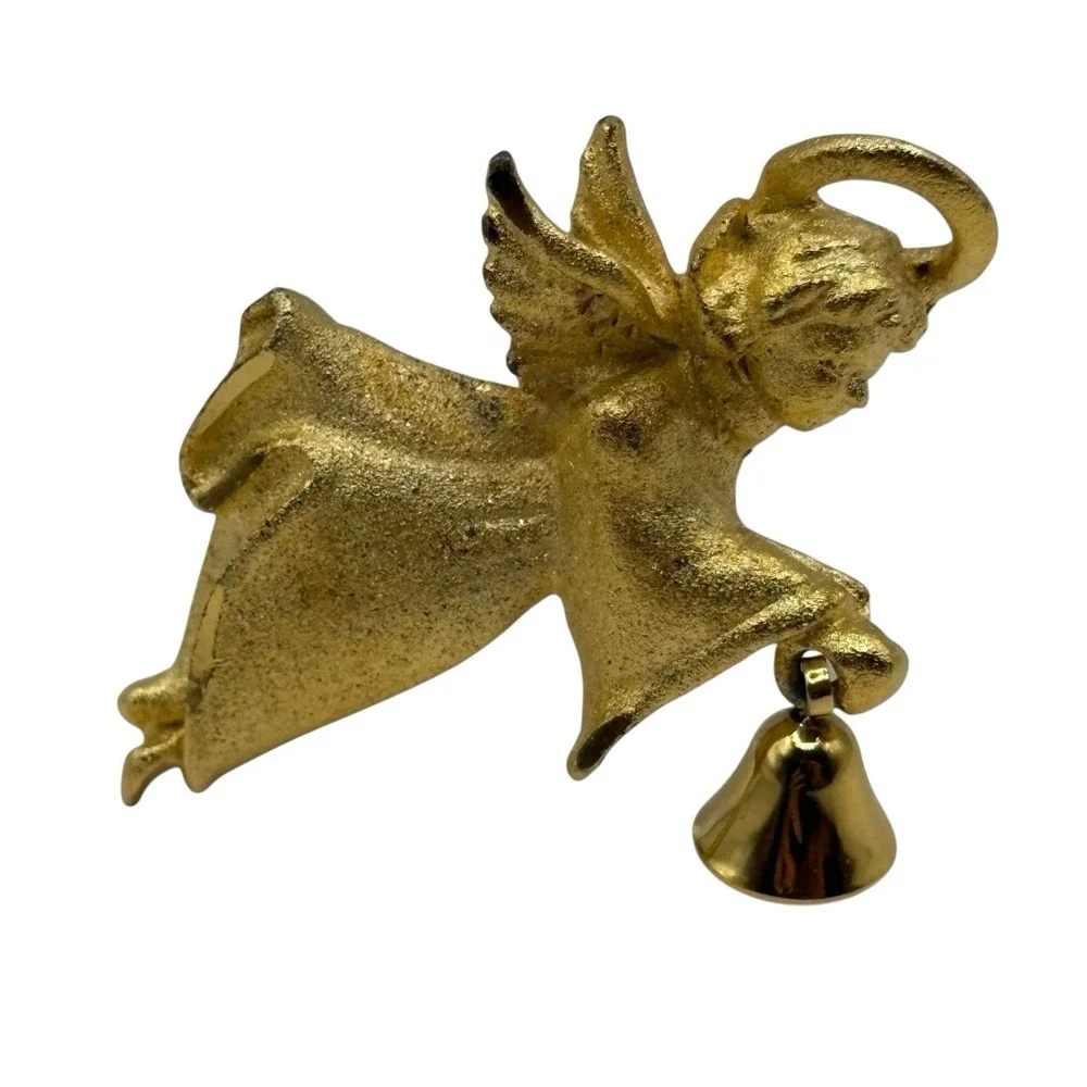Flying Angel Brooch Pin w/ Bell Gold Tone Matte Textured VTG Religious Christian